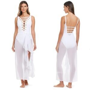 Bleu Rod Beattie Ruffle Tie Waist Sarong Cover Up 100% Polyester White S